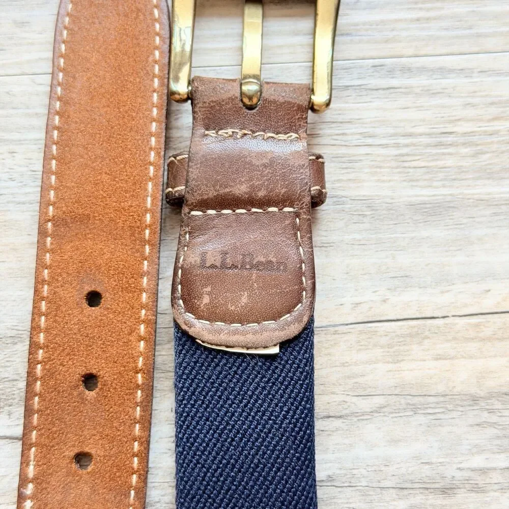 L.L.Bean Stretch Web Belt Size 40 Brown Leather Navy Red Stripe Brass Buckle
